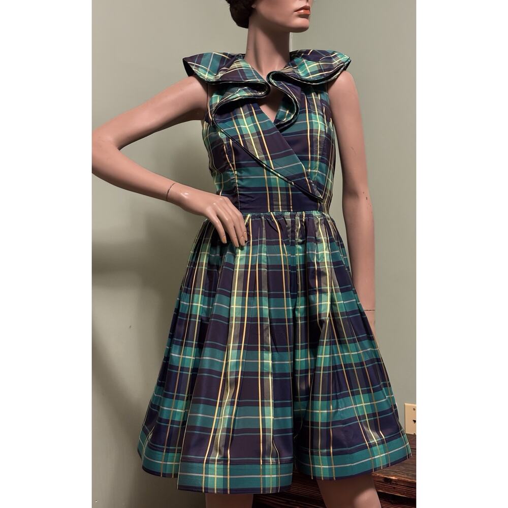 Bill Blass Evening Vintage Green Plaid Silk Halter Backless DRESS 1980’s Sz 4